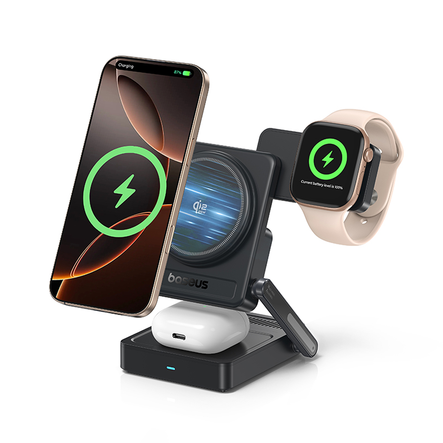 Un soporte de carga con teléfono, reloj y auriculares.