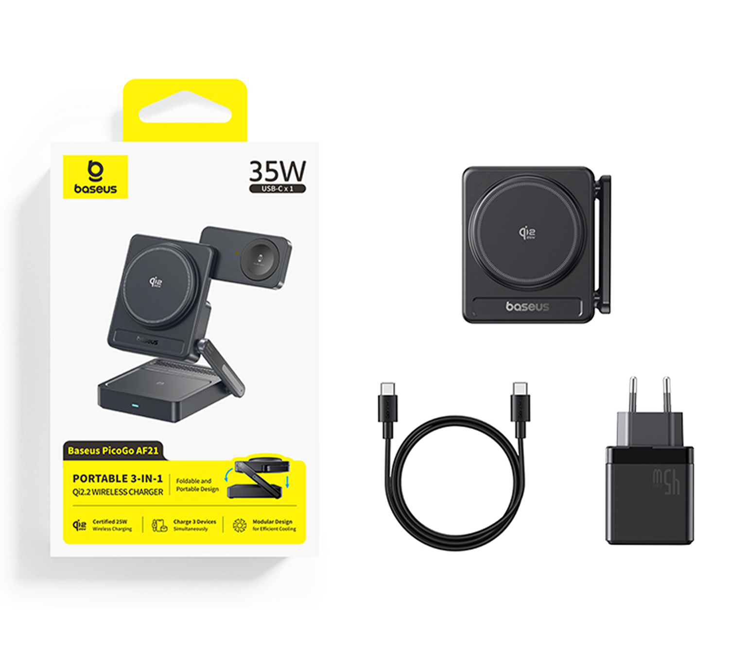 Cargador inalámbrico Baseus 3 en 1 con adaptador y cable.