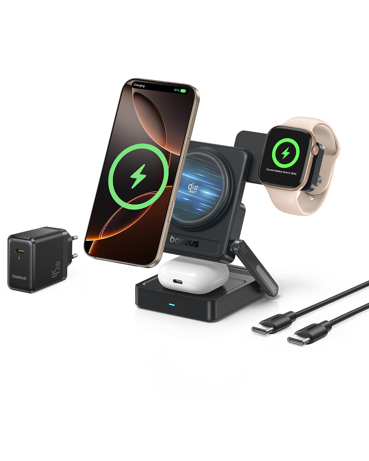 Un cargador, smartphone, smartwatch y audífonos en una estación de carga.