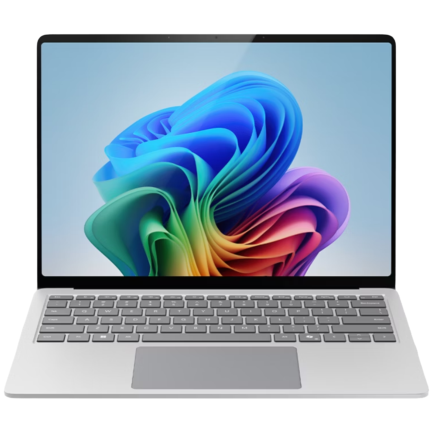 Een zilveren laptop met een kleurrijke abstracte achtergrond op het scherm.