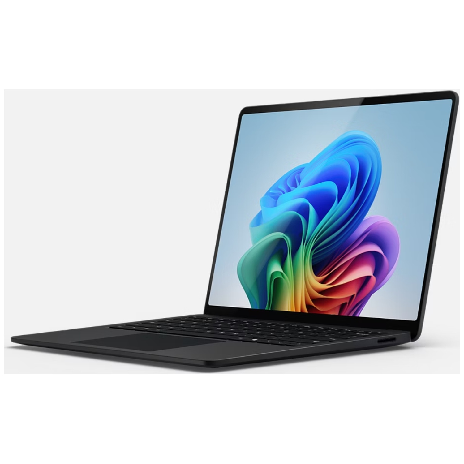 Black laptop displaying a colorful, abstract wallpaper on its screen.
