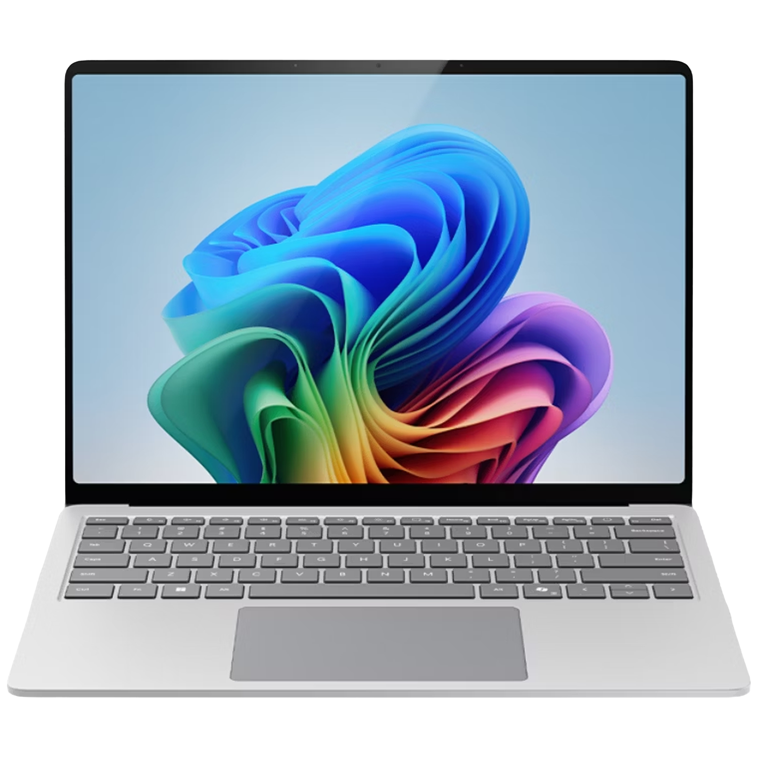 Een zilveren laptop toont een kleurrijke abstracte draaikolk op het scherm. Toetsenbord zichtbaar.