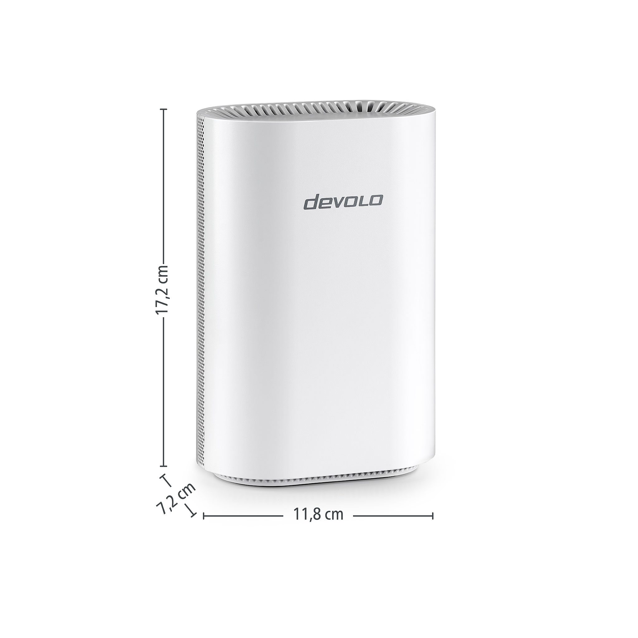 Ein weißer Devolo WLAN-Verstärker mit Lüftungsschlitzen oben und an den Seiten.