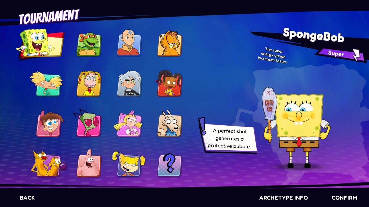 SpongeBob-Charaktere mit Kampfansicht auf einem blauen Hintergrund.