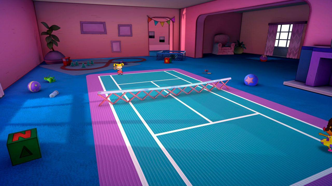 Ein Zeichentrick-Schlafzimmer mit einem blauen Teppich, einem Tennisplatz und Spielzeug.