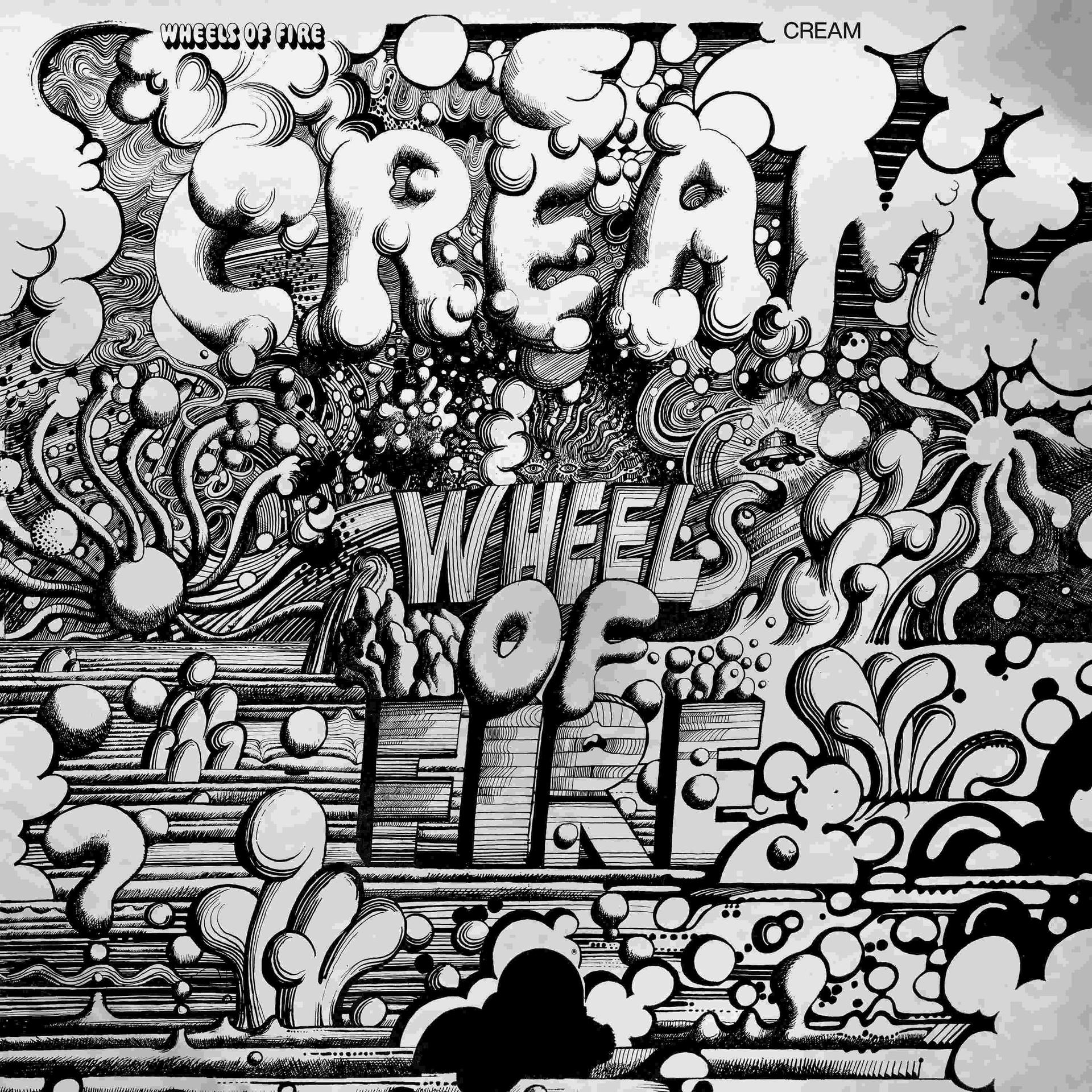 Abstrakte Schwarz-Wei-Zeichnung mit den Wörtern CRE“AM“ und „WHEELS OF FIRE“.