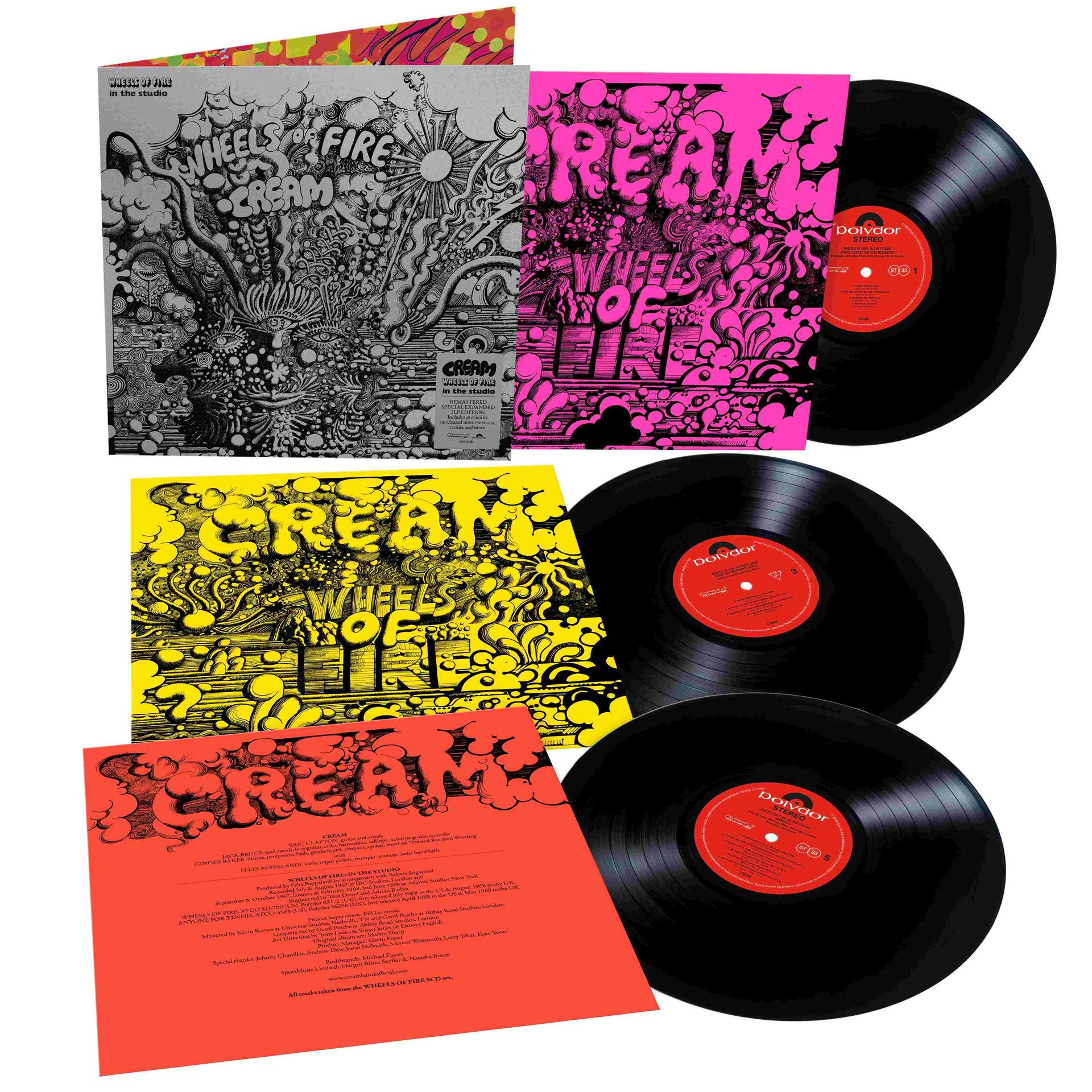 Schwarze Vinyl-Schallplatten mit Hüllen und detaillierten psychedelischen Artwork-Designs.