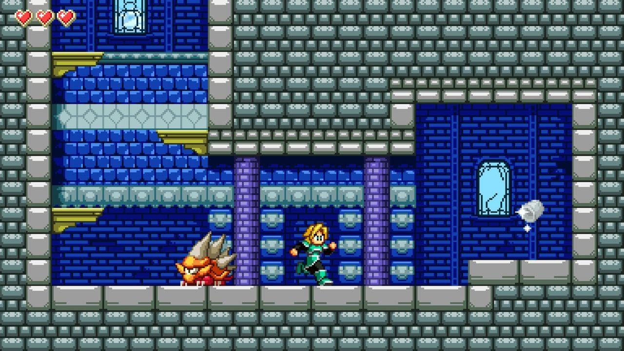 Ein Charakter rennt nach rechts, vorbei an einem orangefarbenen Monster in einer blauen Ziegelburg.
