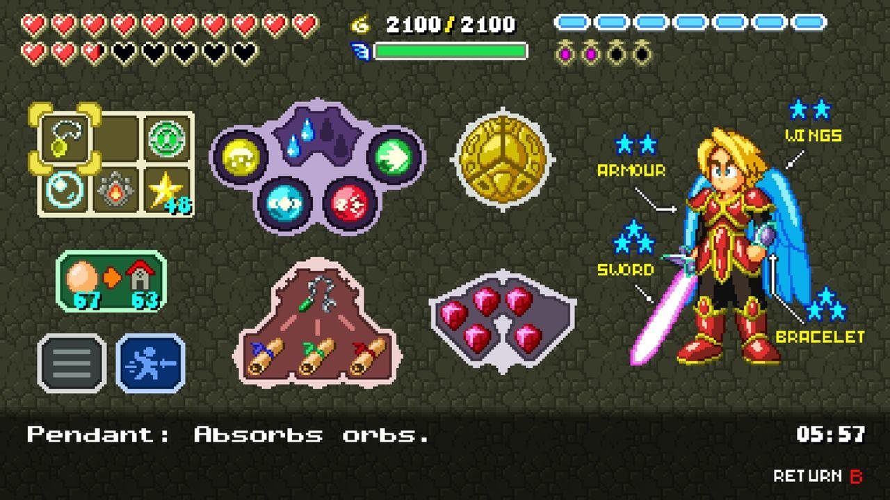 Spielbildschirm mit Charakter, Inventar, Lebensbalken und Timer.