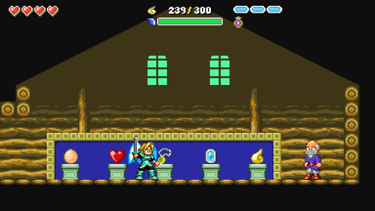 Pixel-Charakter mit Schwert steht vor Objekten.