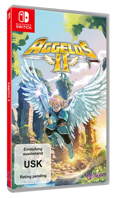 Ein Junge mit Flügeln hält ein Schwert. Der Hintergrund zeigt eine Fantasiewelt mit Ruinen.