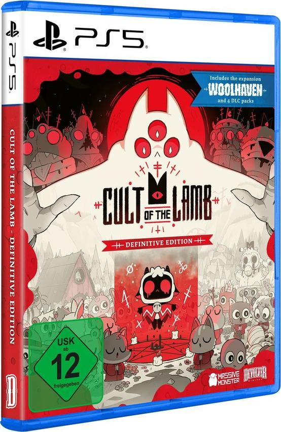 Die Hülle des Spiels "Cult of the Lamb" für PS5 mit dem Logo und Charakteren.