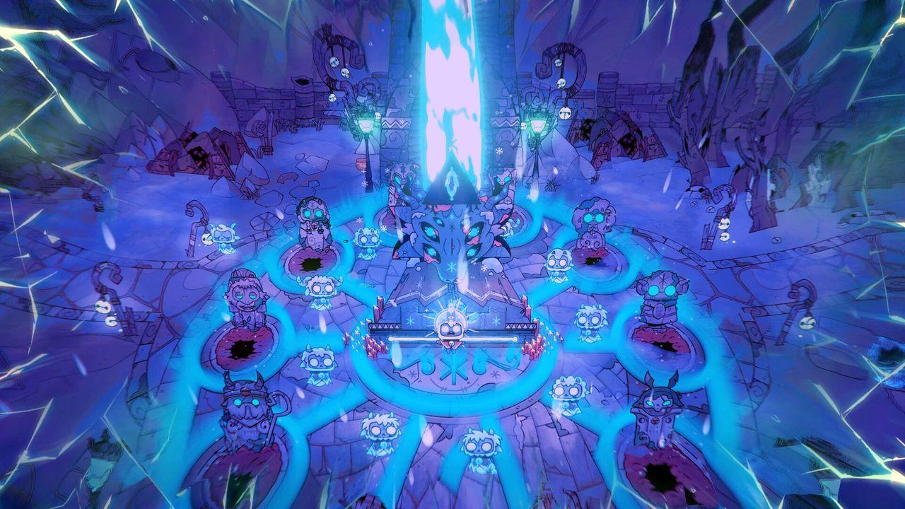 Ein mystischer blauer Energiepfeiler beleuchtet eine rituelle Kammer mit unheimlichen Gestalten.