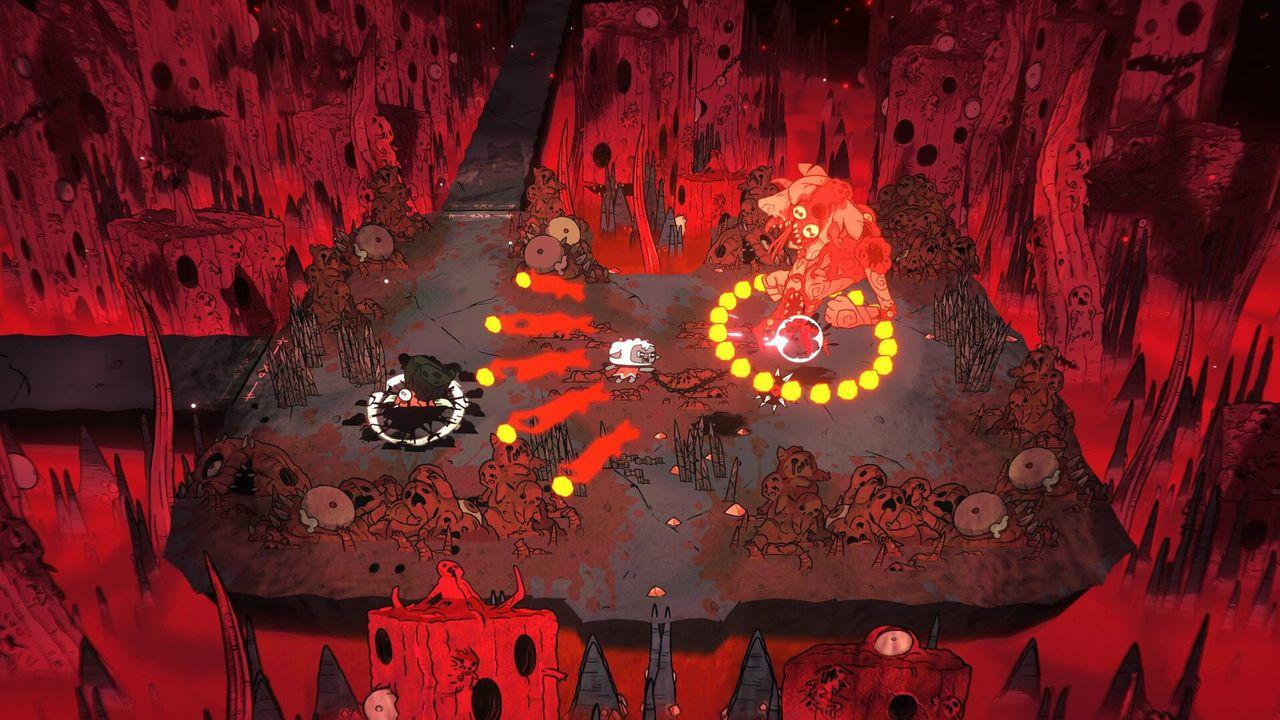 Ein weißes Schaf kämpft gegen rote Monster in einer düsteren, roten Welt.