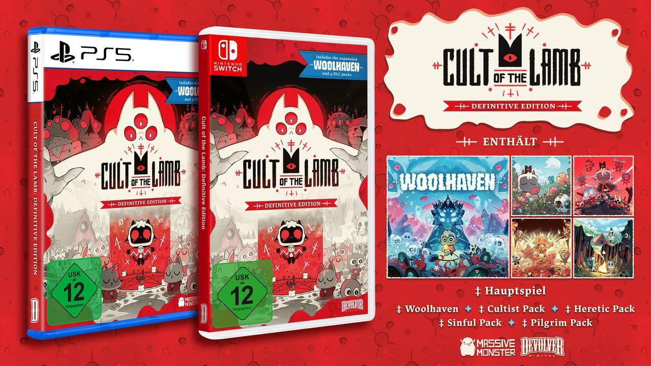 Cover von 'Cult of the Lamb: Definitive Edition' für PS5 und Switch, mit DLC-Collage.