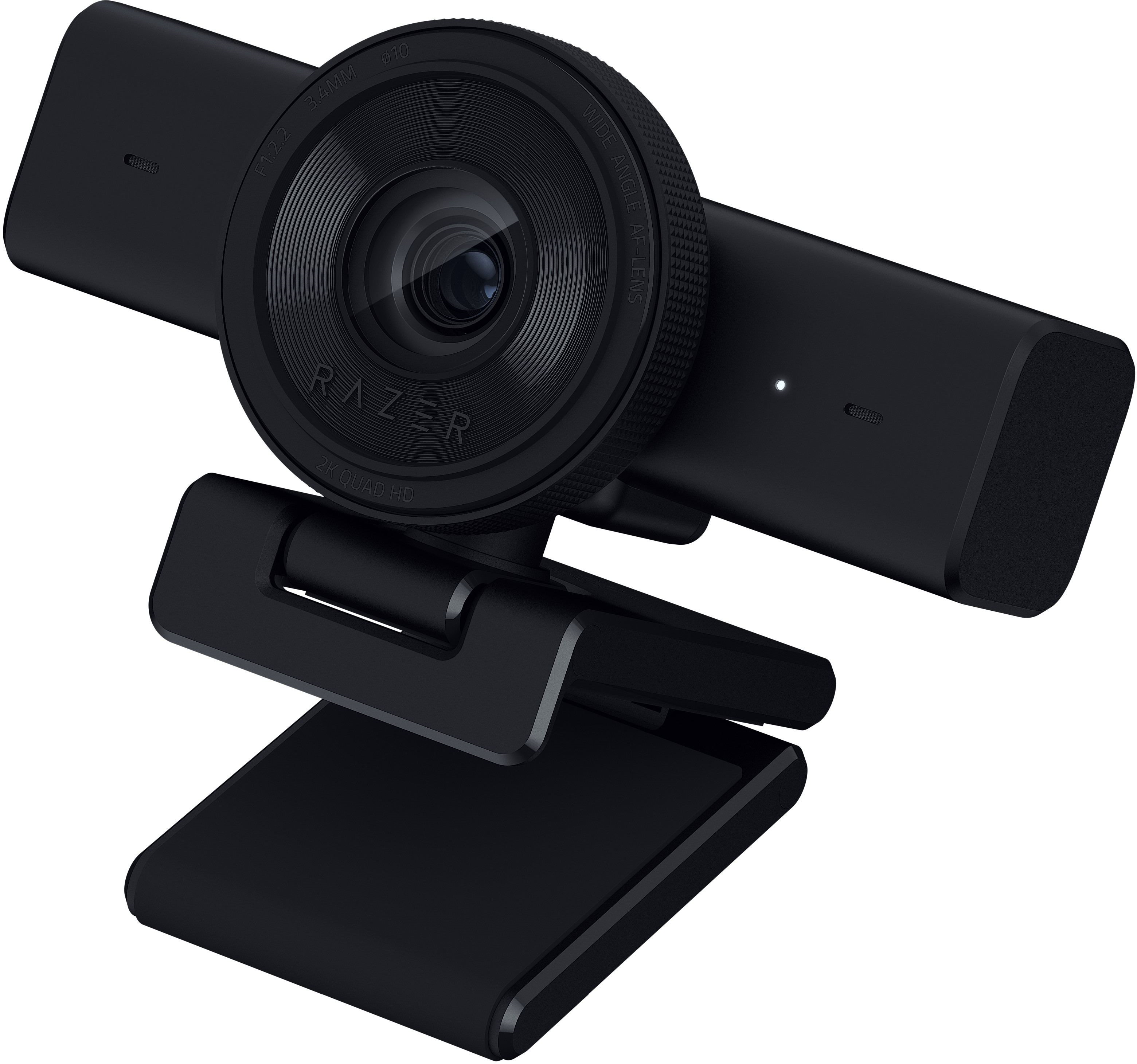 Webcam Razer nera con obiettivo grandangolare e supporto integrato.