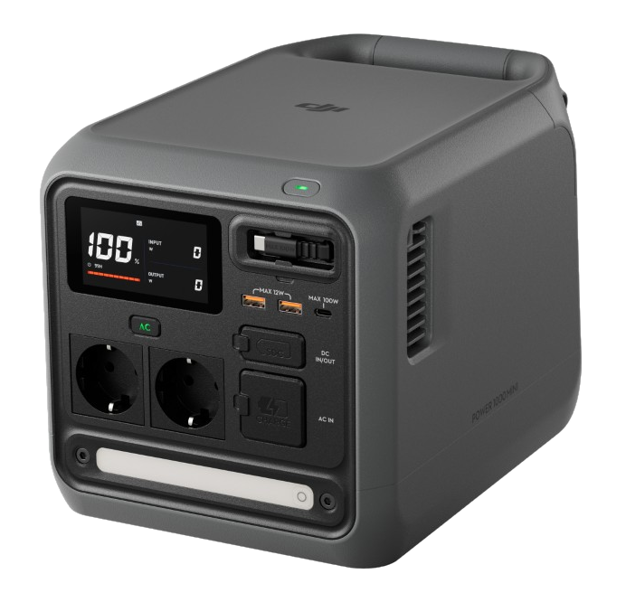 Szara przenośna stacja zasilania z cyfrowym wyświetlaczem (100% naładowania), gniazdami AC, portami USB.