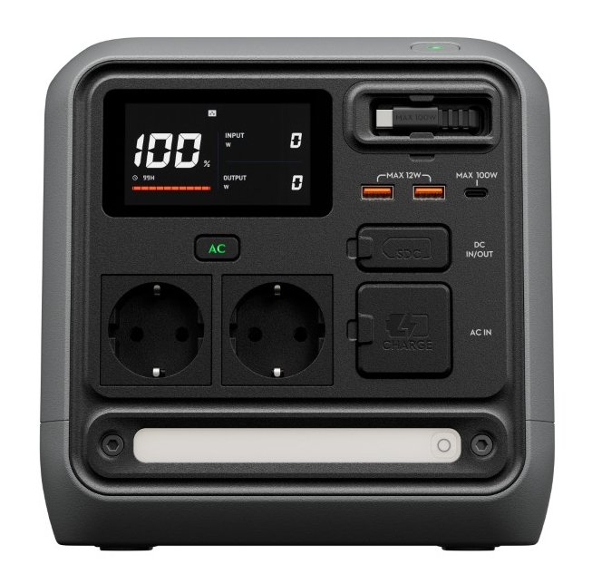 Szara elektrownia z cyfrowymi wyświetlaczami, gniazdami i portami ładowania.