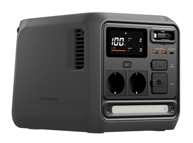 Ciemna, przenośna stacja zasilania z wyświetlaczem pokazującym 100%.