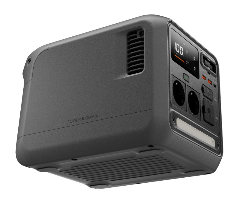 Szara przenośna stacja zasilania z cyfrowym wyświetlaczem, gniazdami i otworami wentylacyjnymi.