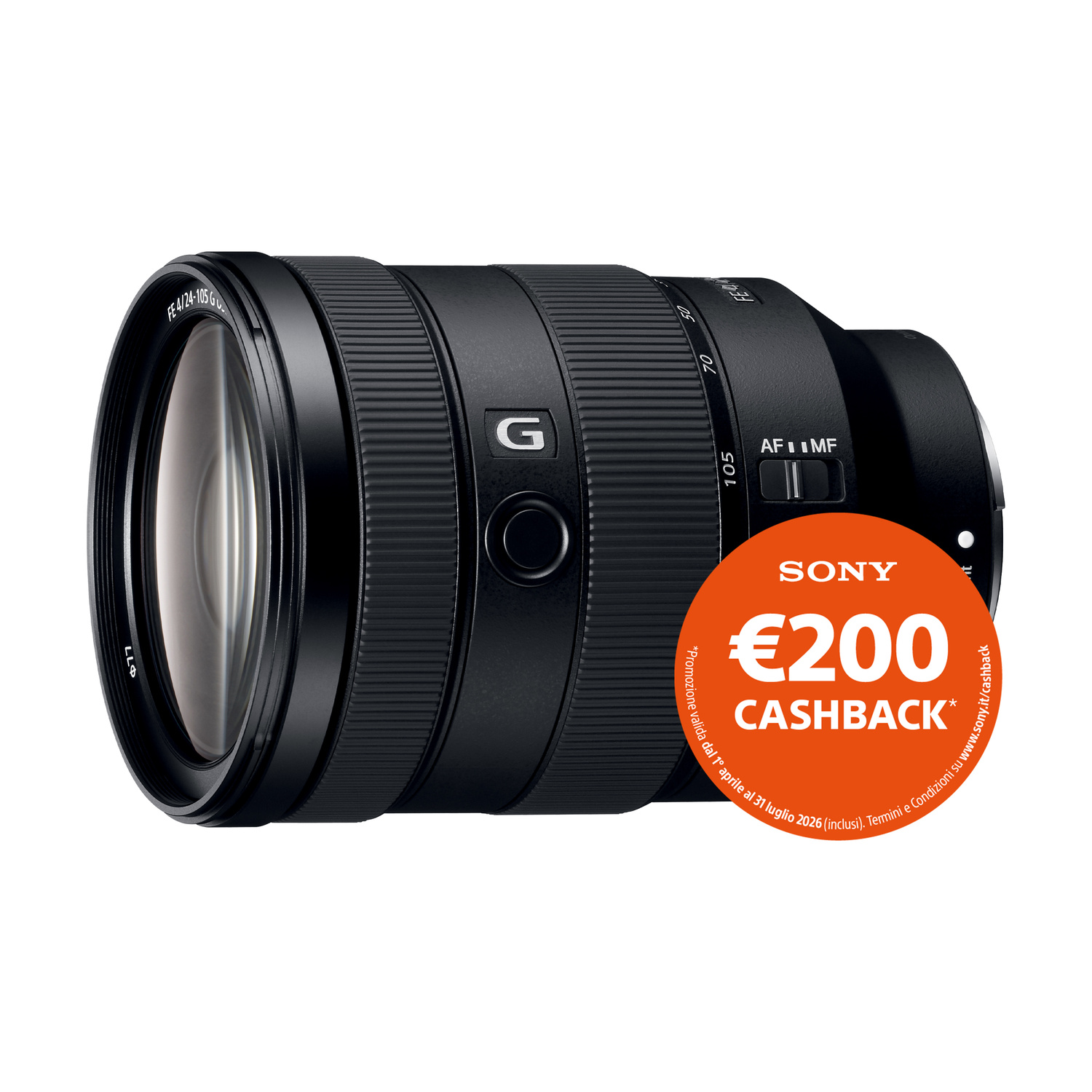 Obiettivo Sony nero con adesivo cashback da 200€.