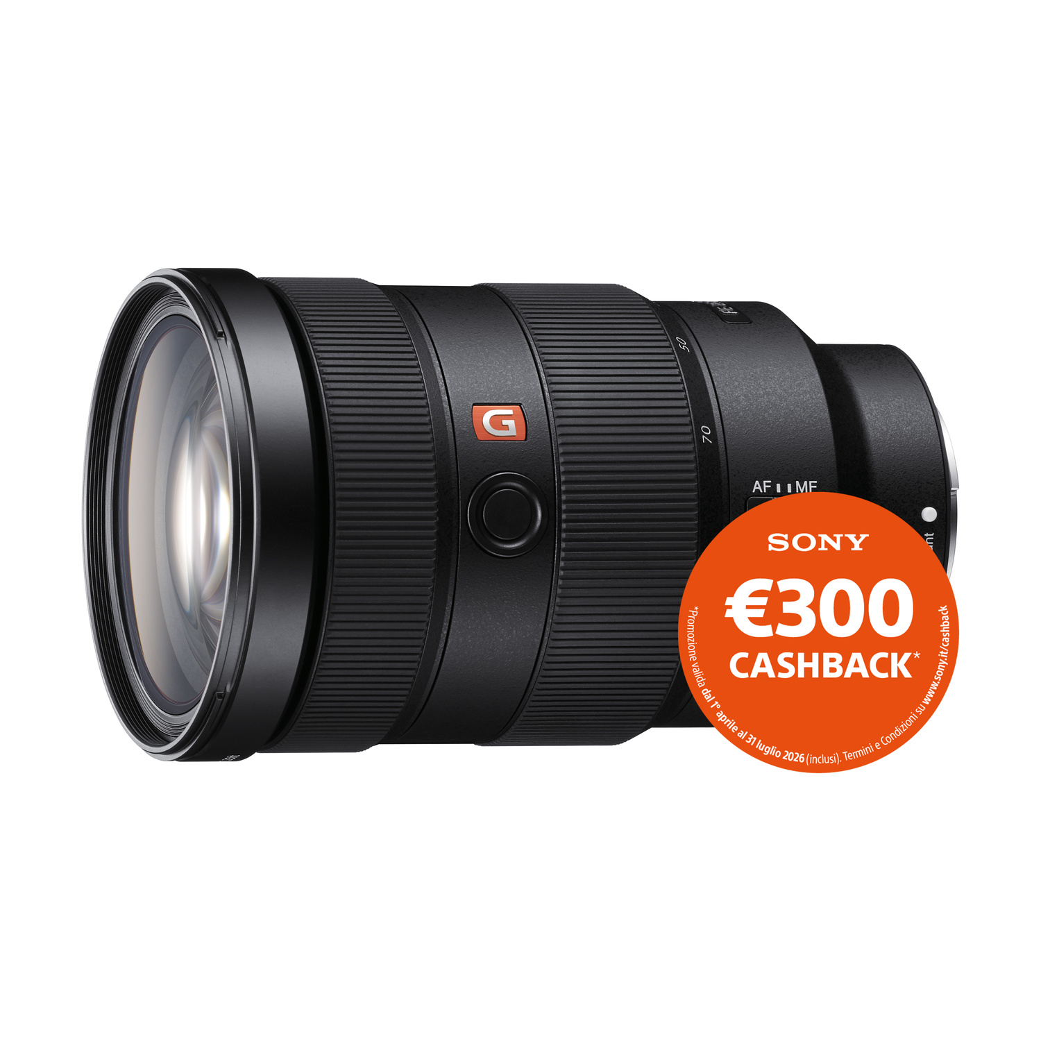 Obiettivo Sony G nero con adesivo cashback da 300€.