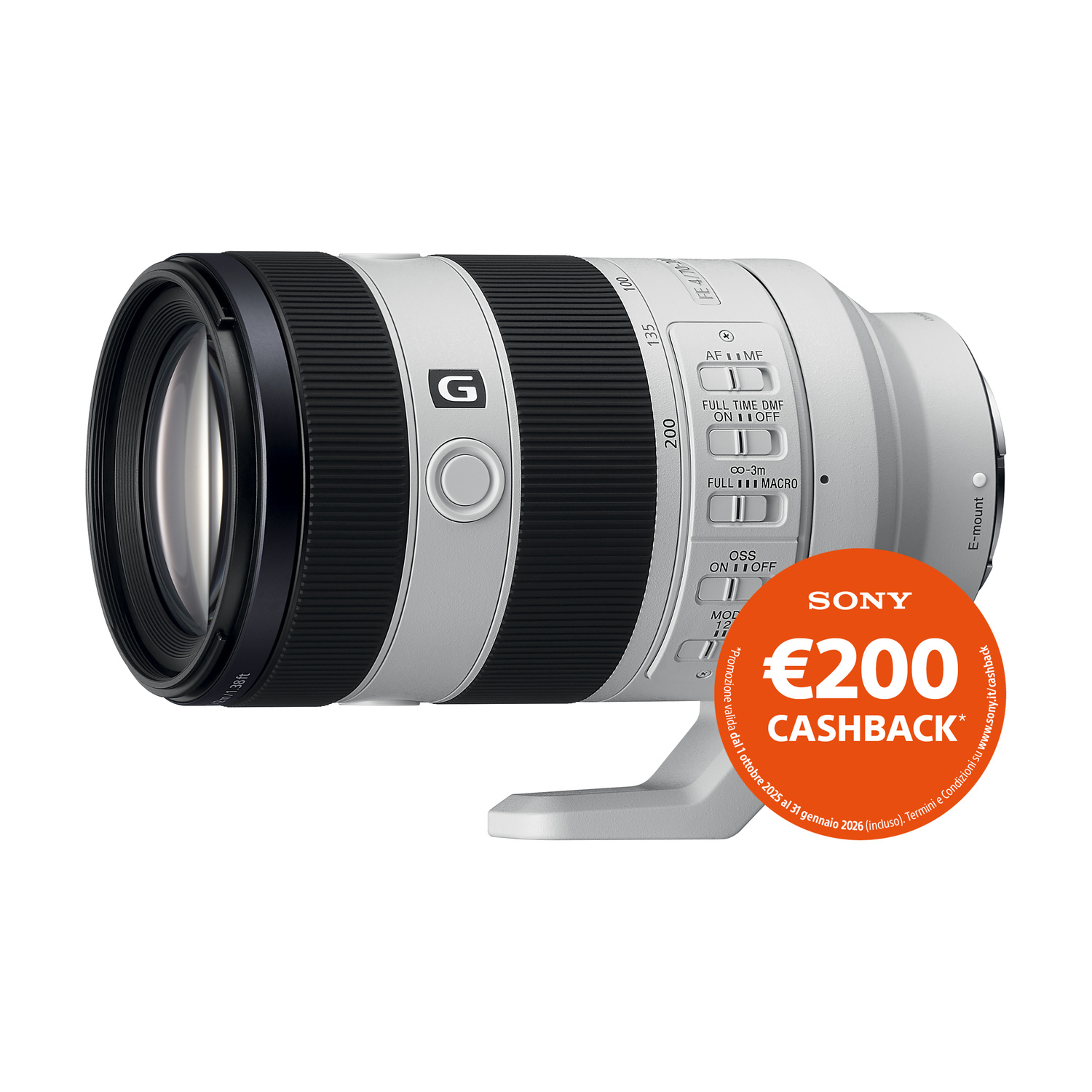 Un obiettivo bianco per fotocamera Sony con ghiera zoom e pulsanti.