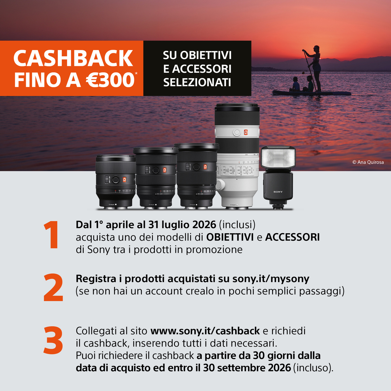 Promozione Cashback Sony: obiettivi e accessori. 3 persone su SUP al tramonto.