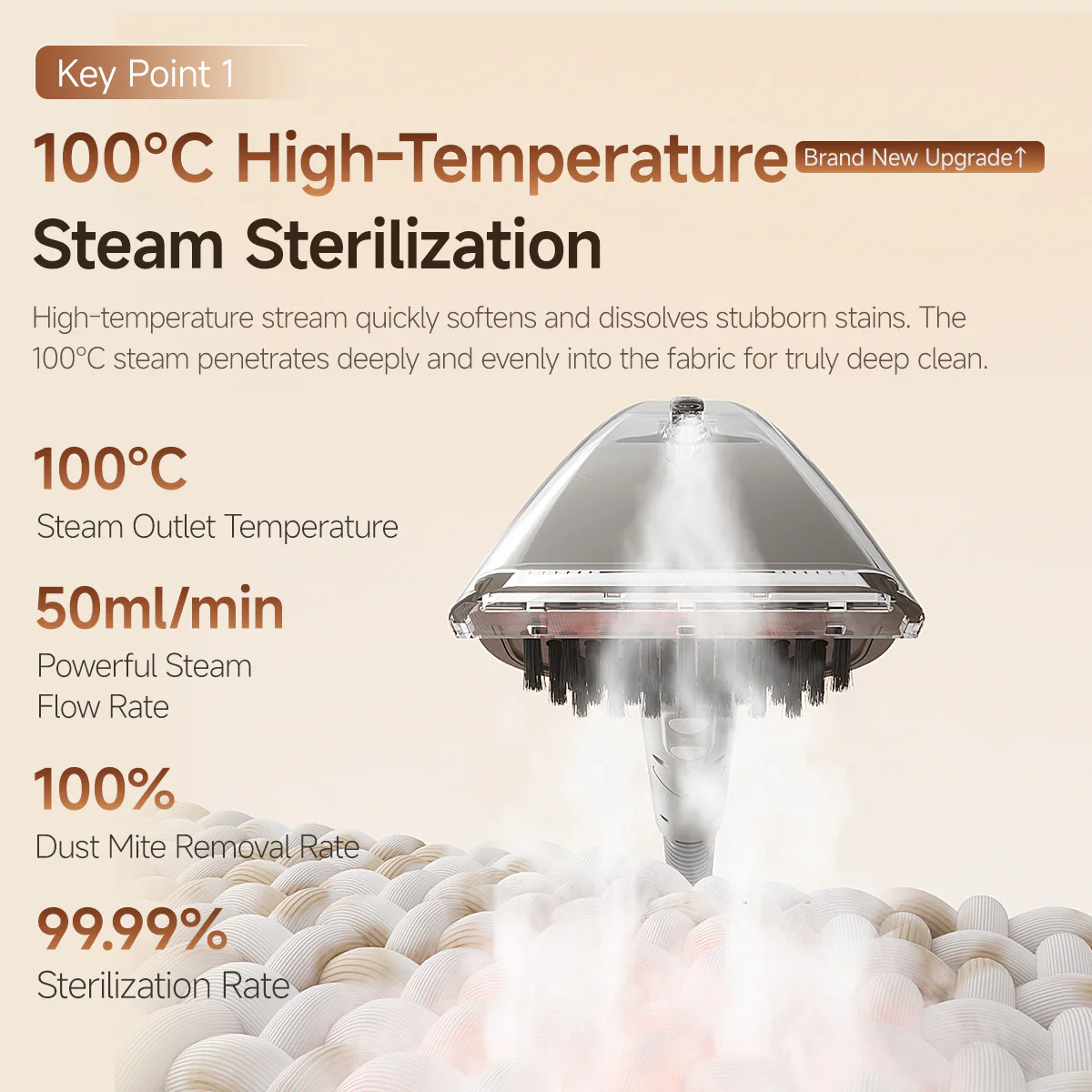 Gőzölős tisztító 100°C-os gőzzel sterilizál szövetet 50ml/perc sebességgel.