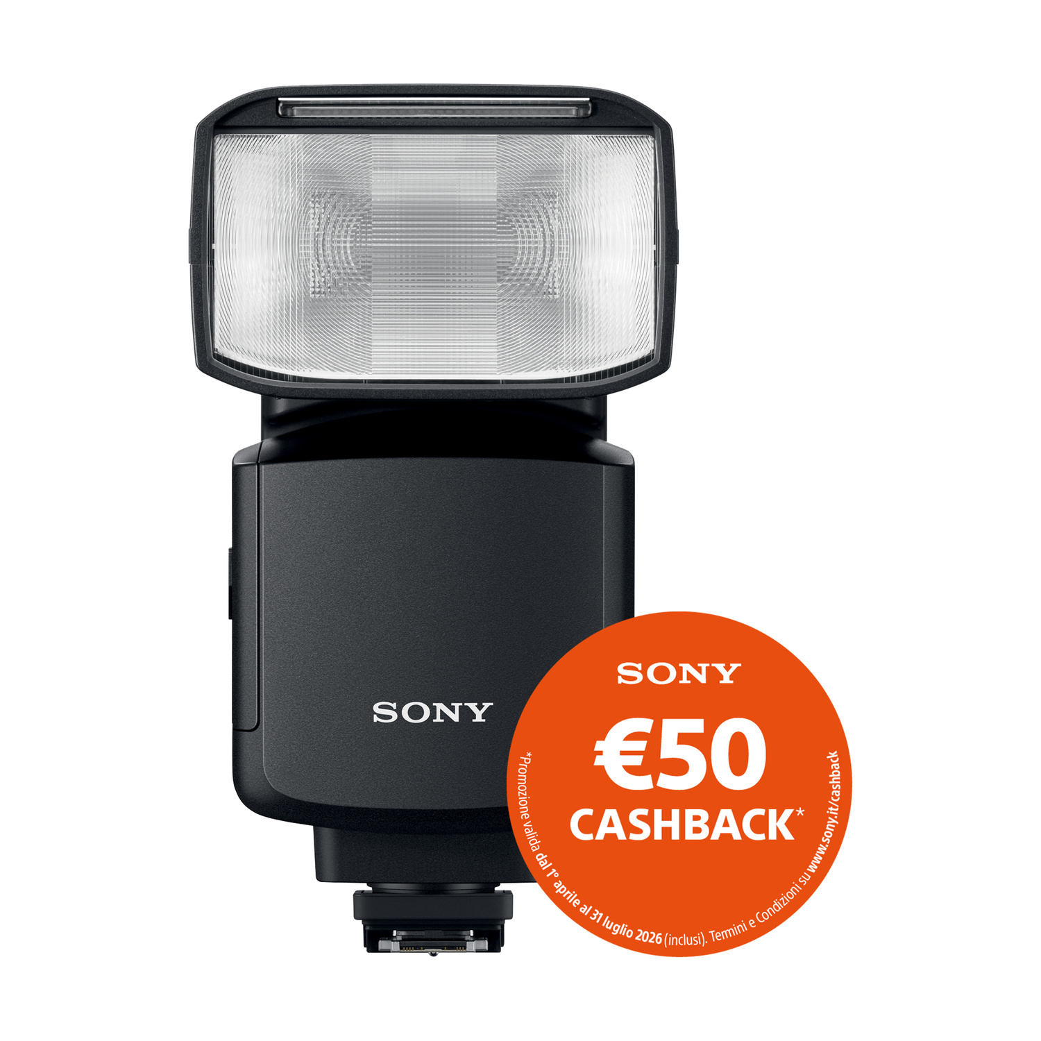 Un flash Sony nero con un cerchio arancione che mostra "50 € di cashback".