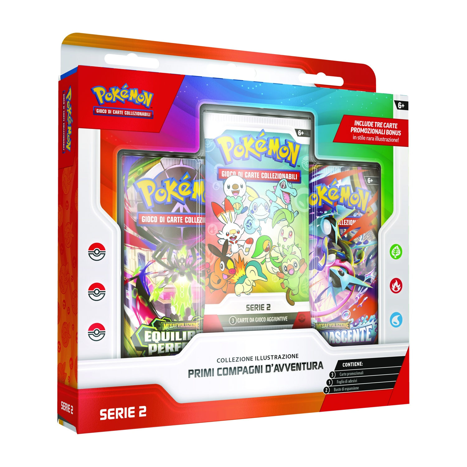 Set Gioco di Carte Collezionabili Pokémon con tre buste e carte promozionali.