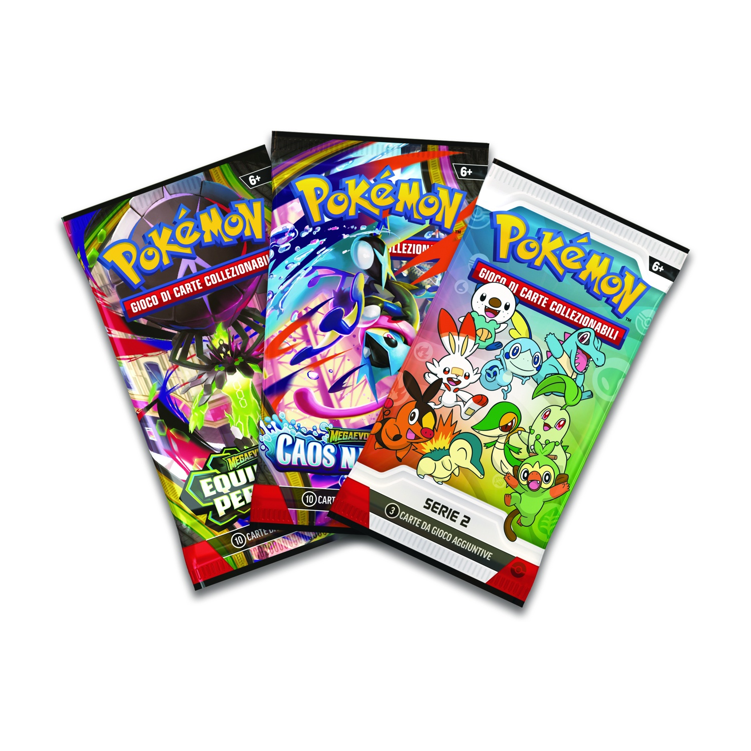 Tre buste di Pokémon TCG con diverse grafiche e Pokémon.