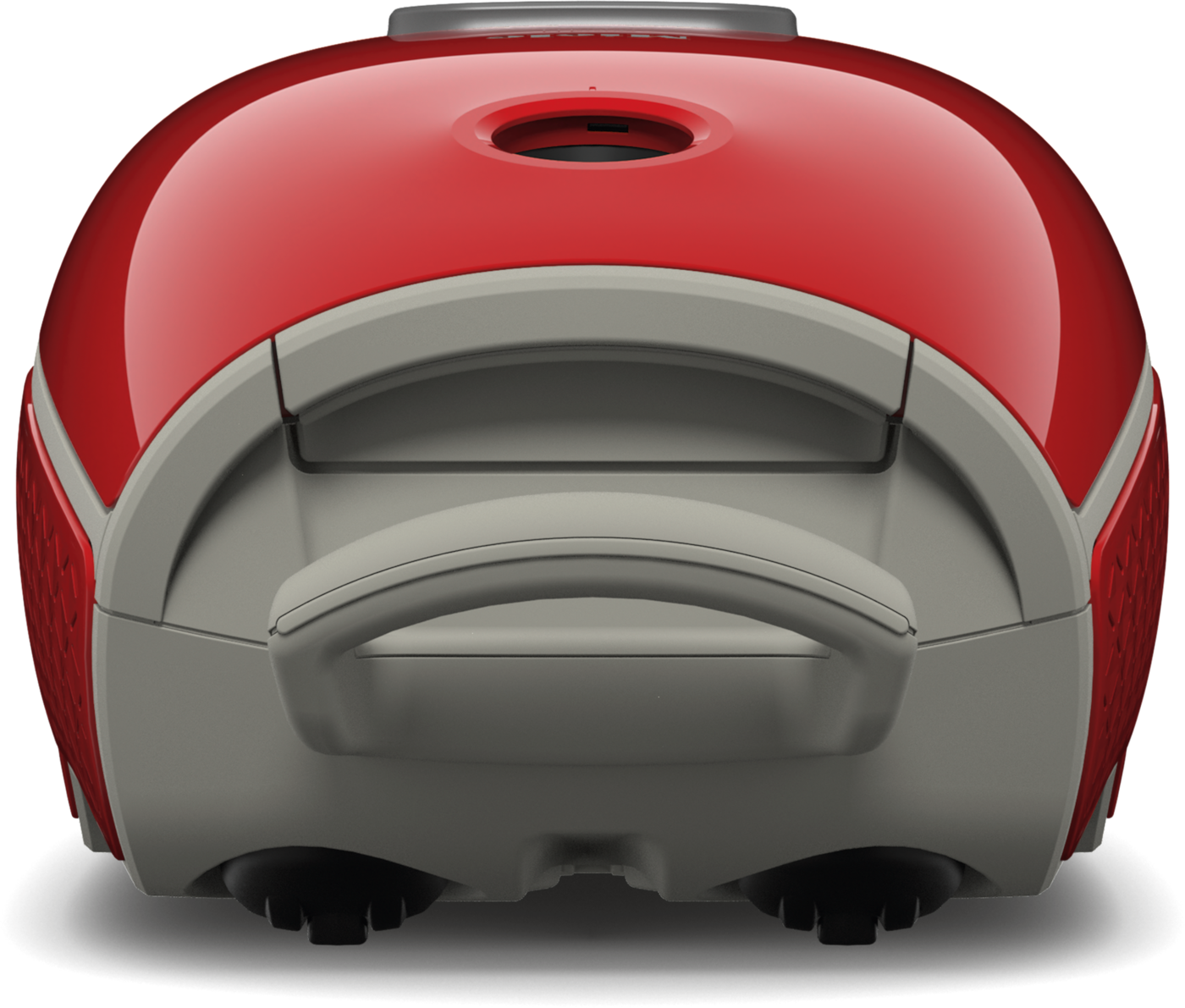 Roter Staubsauger mit grauem Griff und schwarzem Rad.