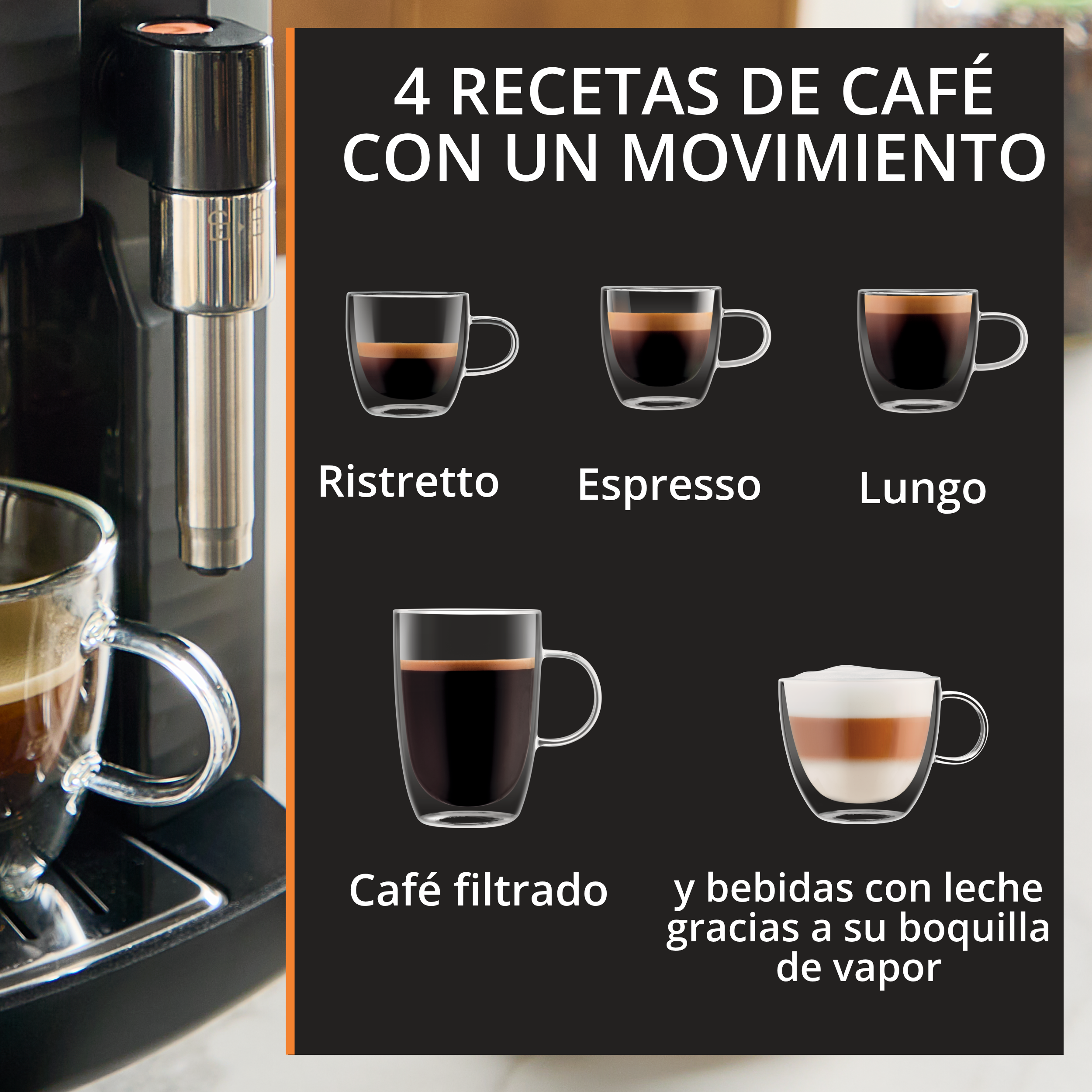 4 recetas de café con un movimiento Ristretto, Espresso, Lungo, café filtrado y bebidas con leche.