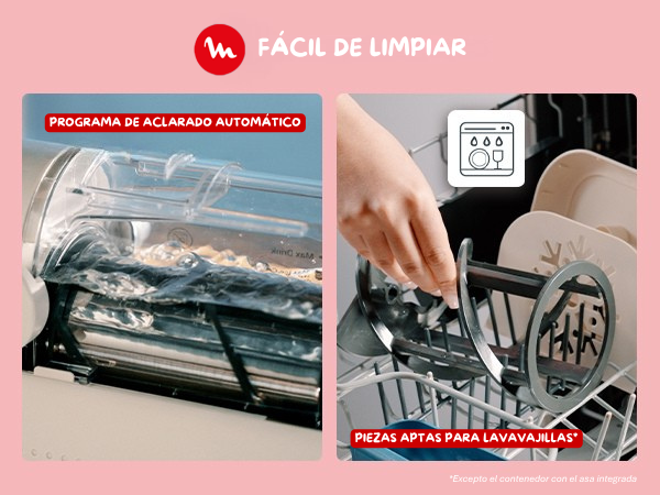 Facil de lavar. Programa de aclarado automático.Piezas aptas para lavavajillas.