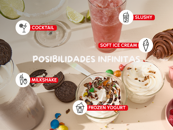 Surtido de postres y bebidas: cóctel, granizado, helado, yogur, batido.