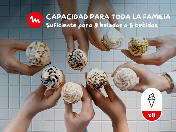 Capacidad para toda la familia. Suficiente para 8 helados o 5 bebidas.