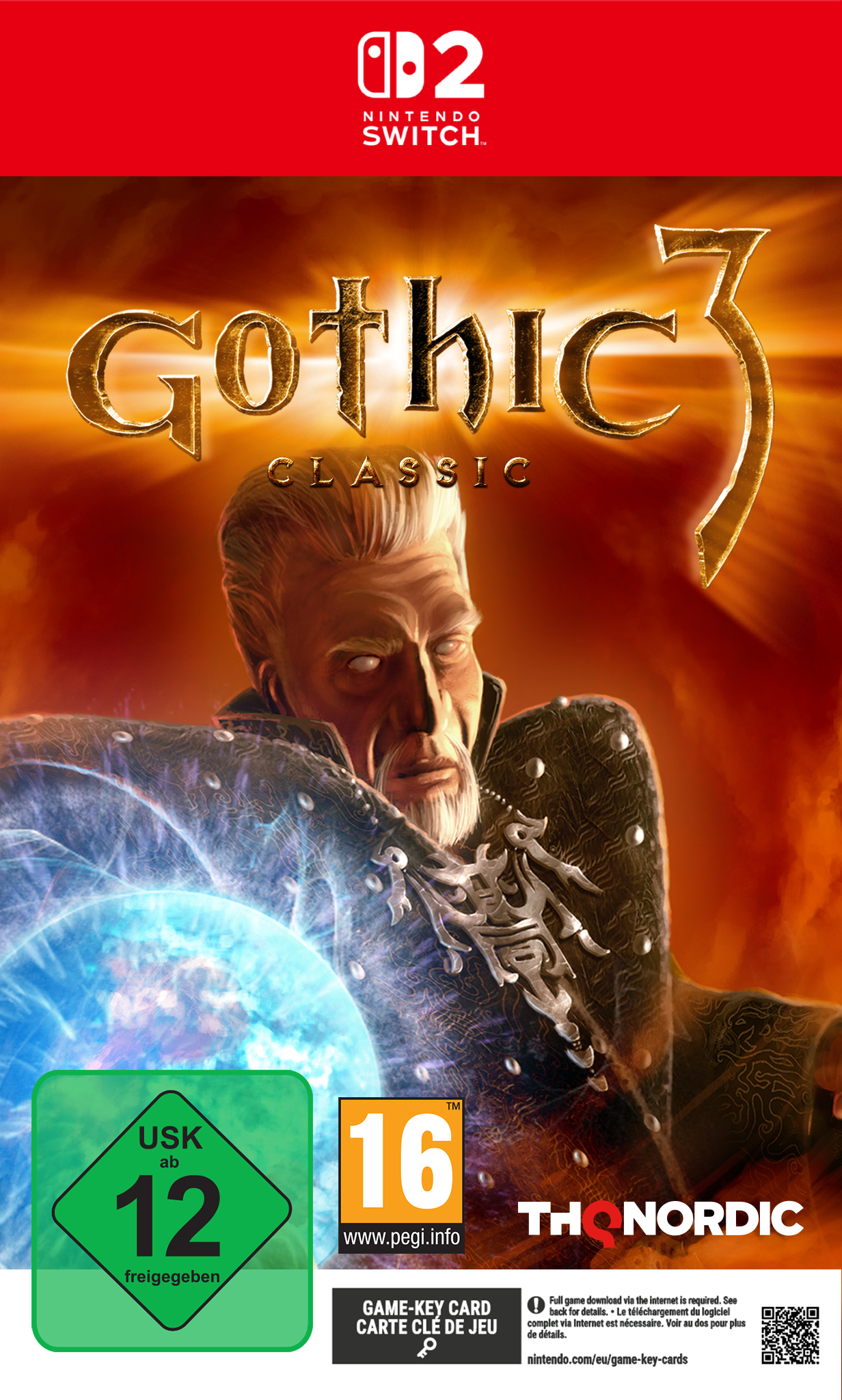 Das Cover von Gothic 3 Classic für Nintendo Switch mit einem Magier und einem Energieschild.