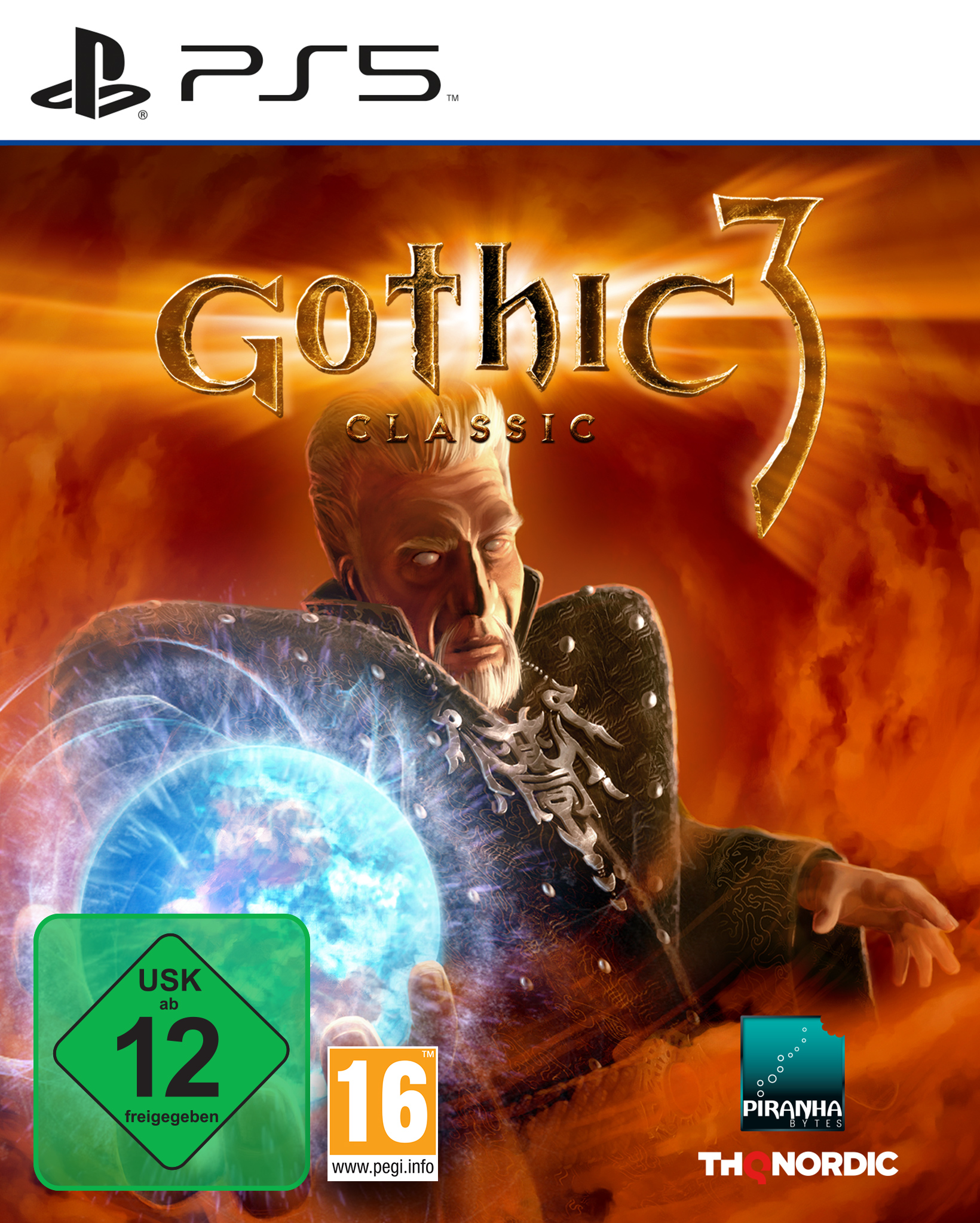 Gothic 3 Classic Cover mit einem alten Mann, der eine magische Kugel hält.