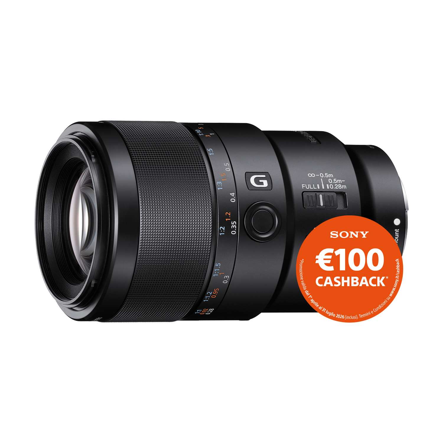 Obiettivo Sony G Master nero con segni di distanza e adesivo cashback da 100 €.