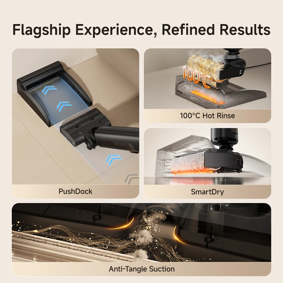 Porszívó 100°C-os forró öblítéssel, SmartDry, PushDock és gubancgátló szívás.