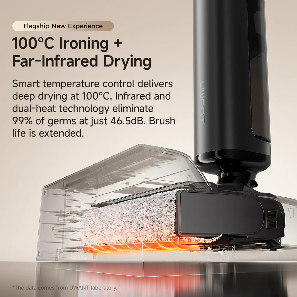 Padlótisztító kefe infravörös hővel. Szöveg: 100°C Vasalás + Infravörös Szárítás.