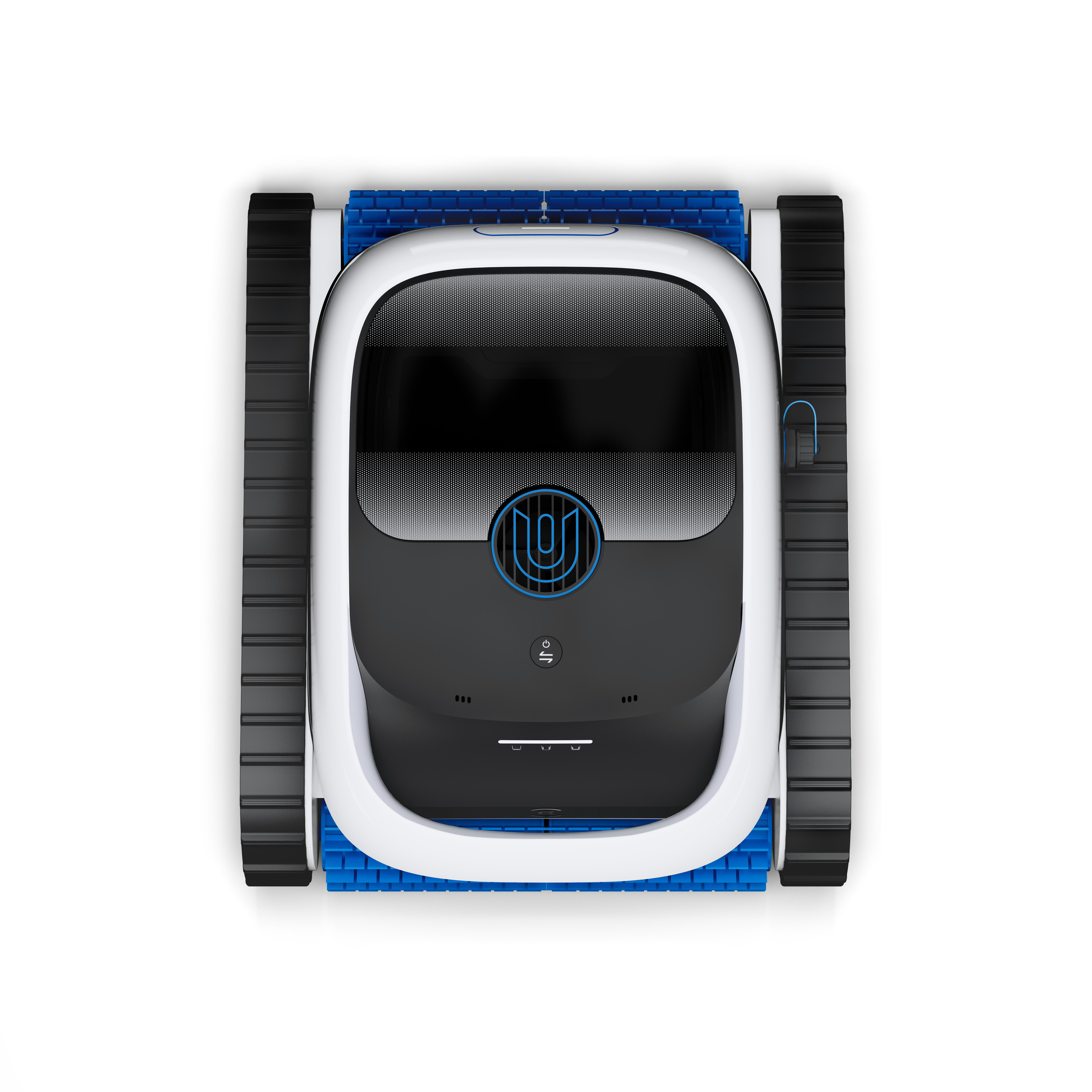 Ein weißer Roboter mit schwarzen Ketten und blauen Akzenten.