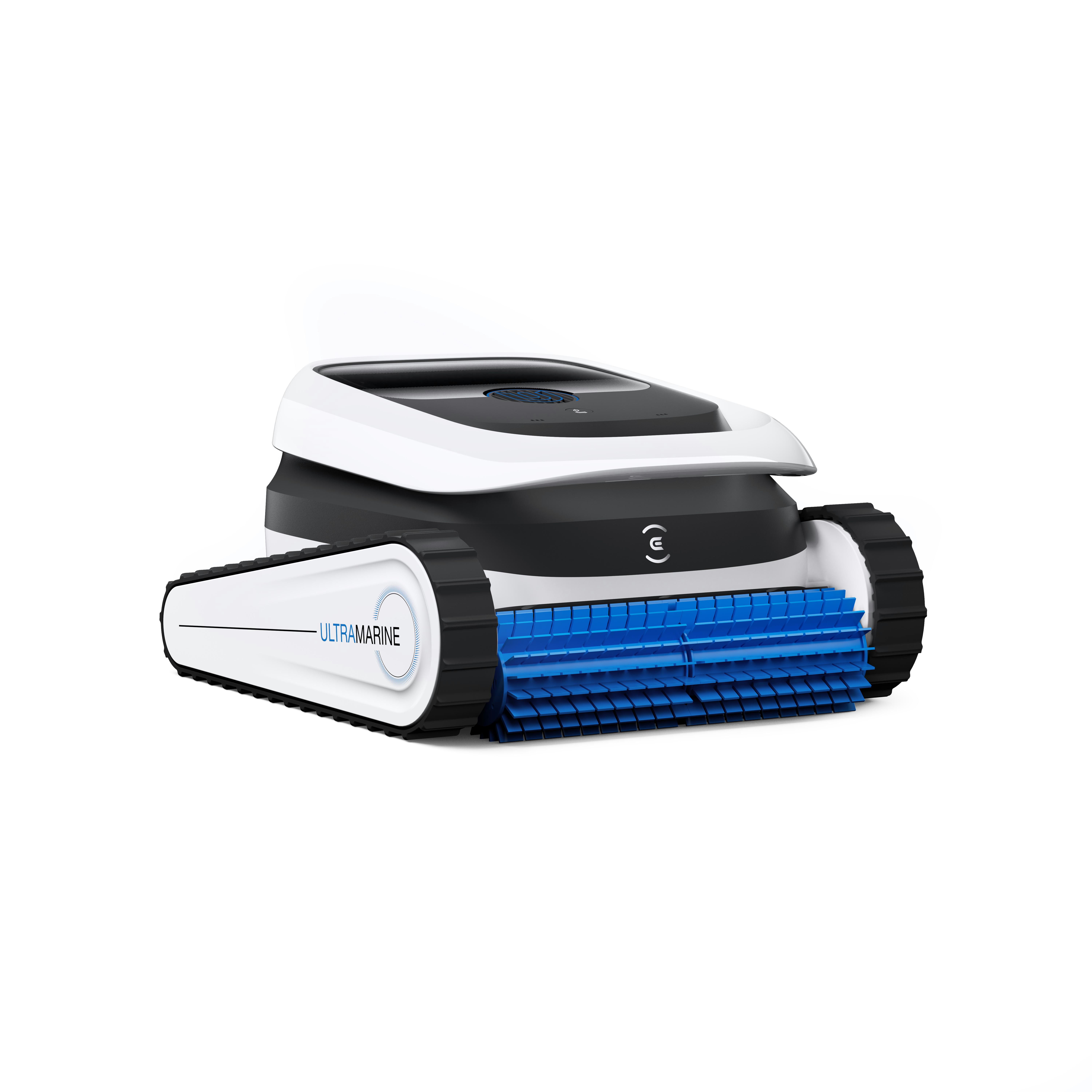 Ein weißer und schwarzer Poolroboter mit blauen Bürsten auf weißem Hintergrund.