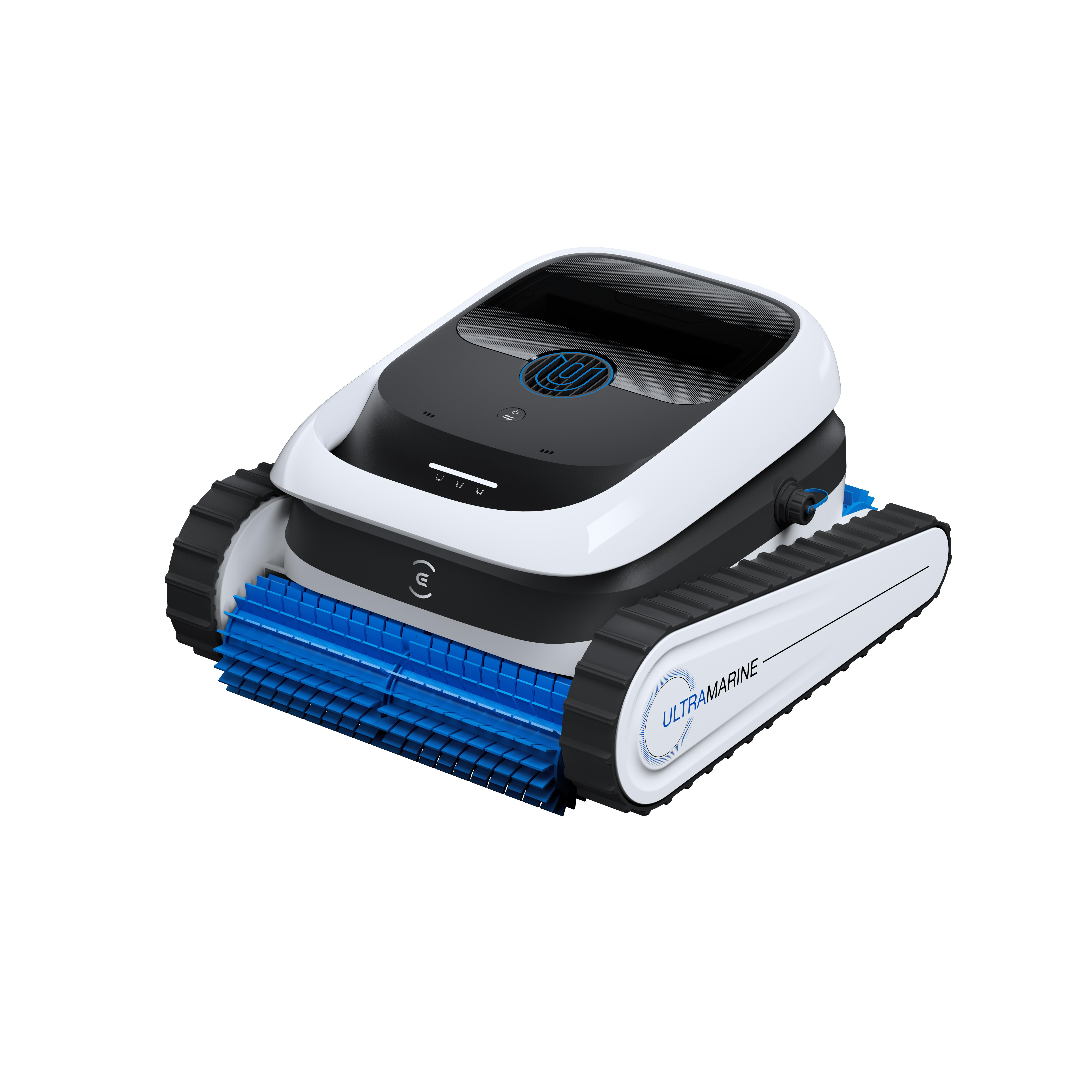 Ein weißer und schwarzer Poolroboter mit blauen Bürsten auf weißem Hintergrund.