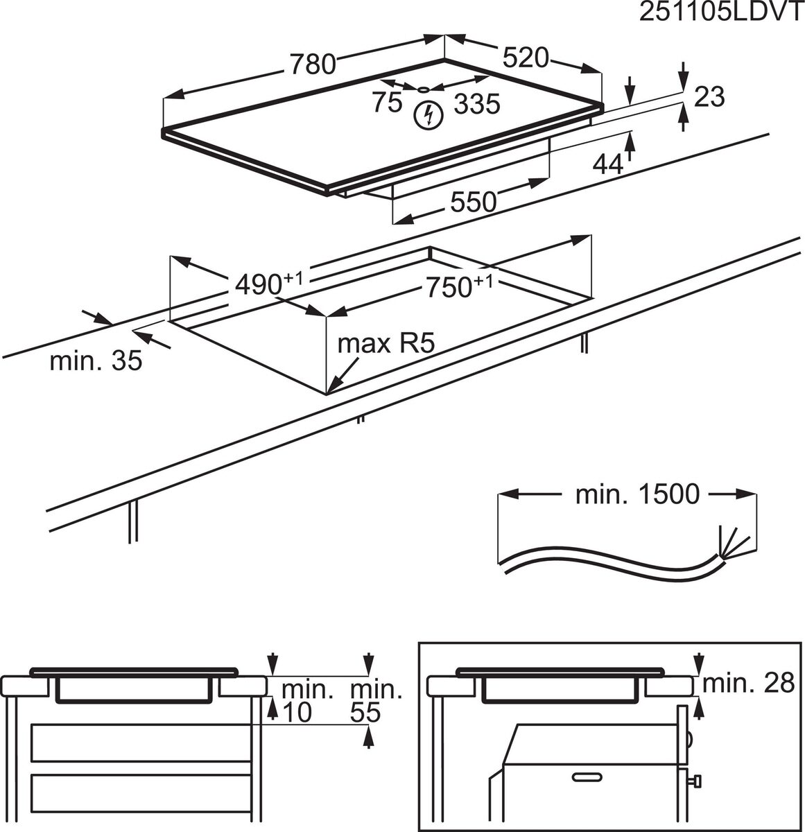 Dibujo técnico de una placa de cocina con dimensiones.