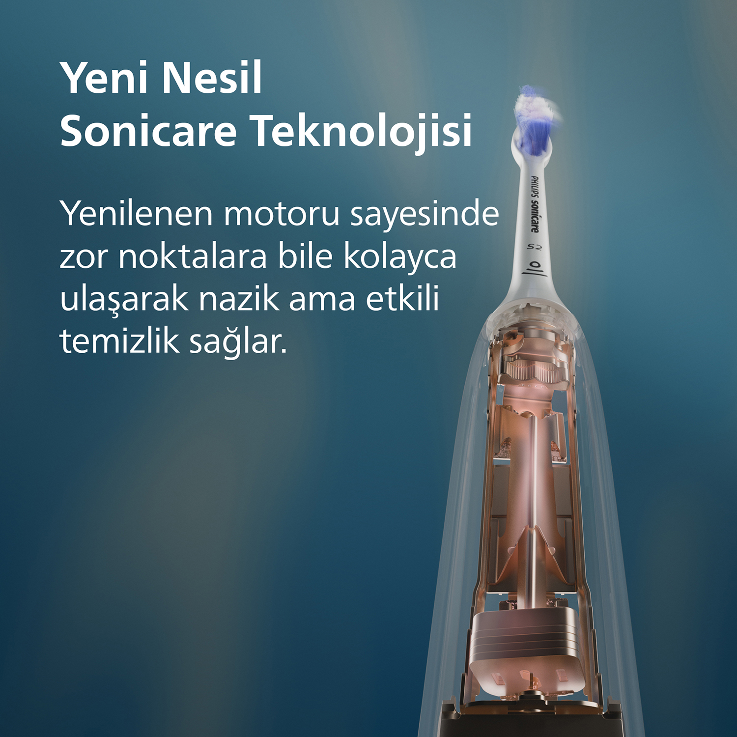 Mavi arka plan üzerinde metinli Sonicare elektrikli diş fırçası kesiti.