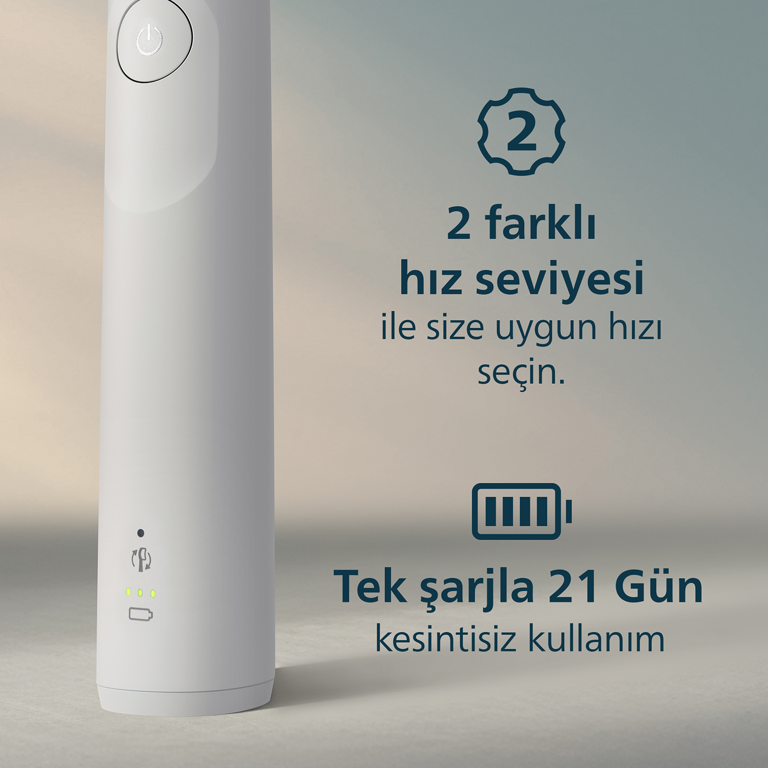 İki hız ayarlı beyaz cihaz, 21 gün pil ömrü sunar.