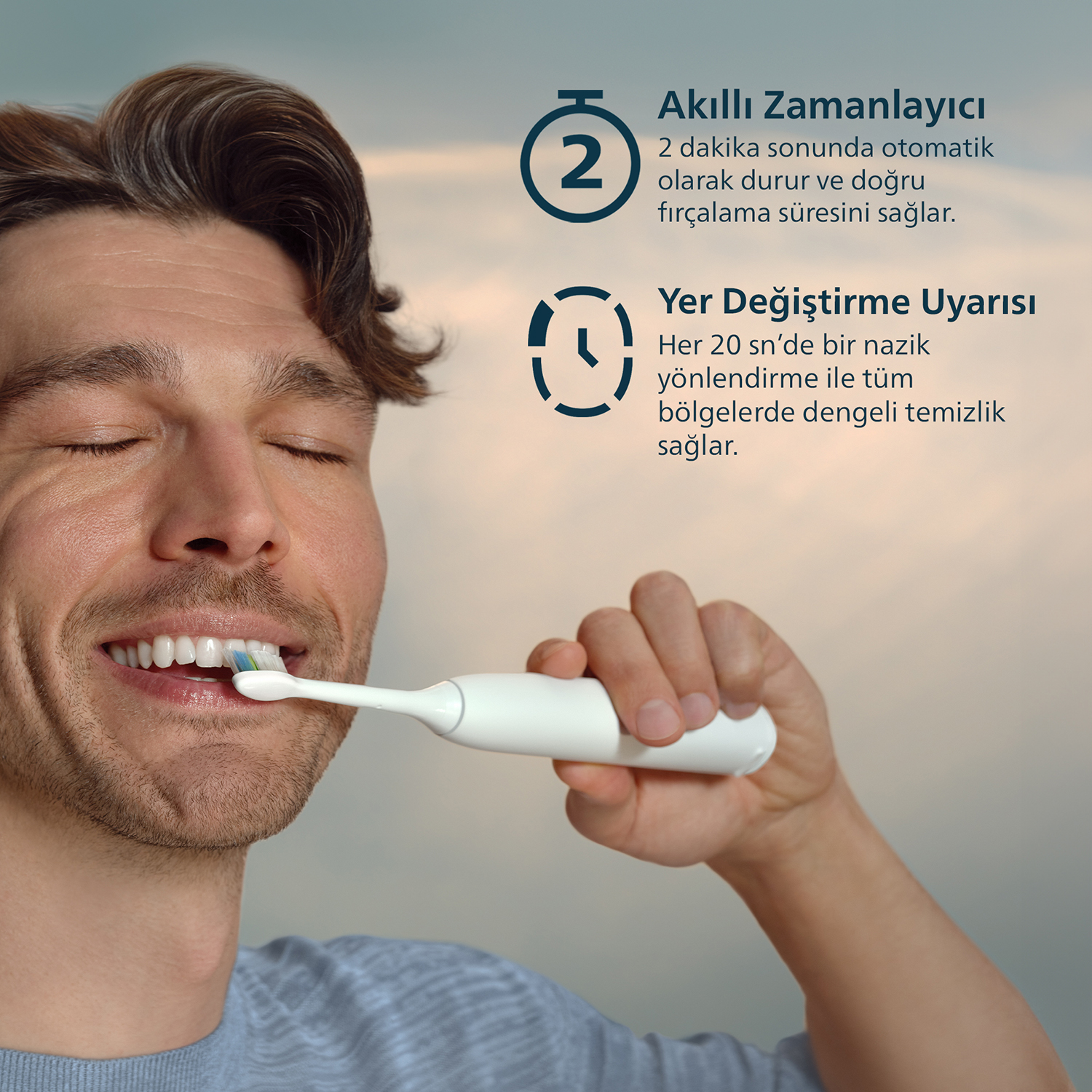 Erkek elektrikli diş fırçasıyla dişlerini fırçalıyor. Zamanlayıcı ikonları ve metin.