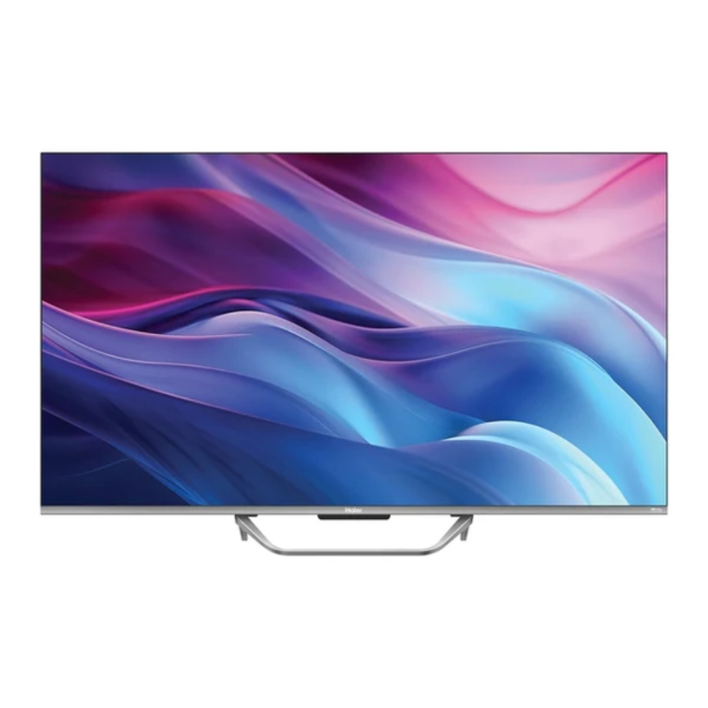 Un televisor moderno que muestra un fondo abstracto y colorido en su pantalla.